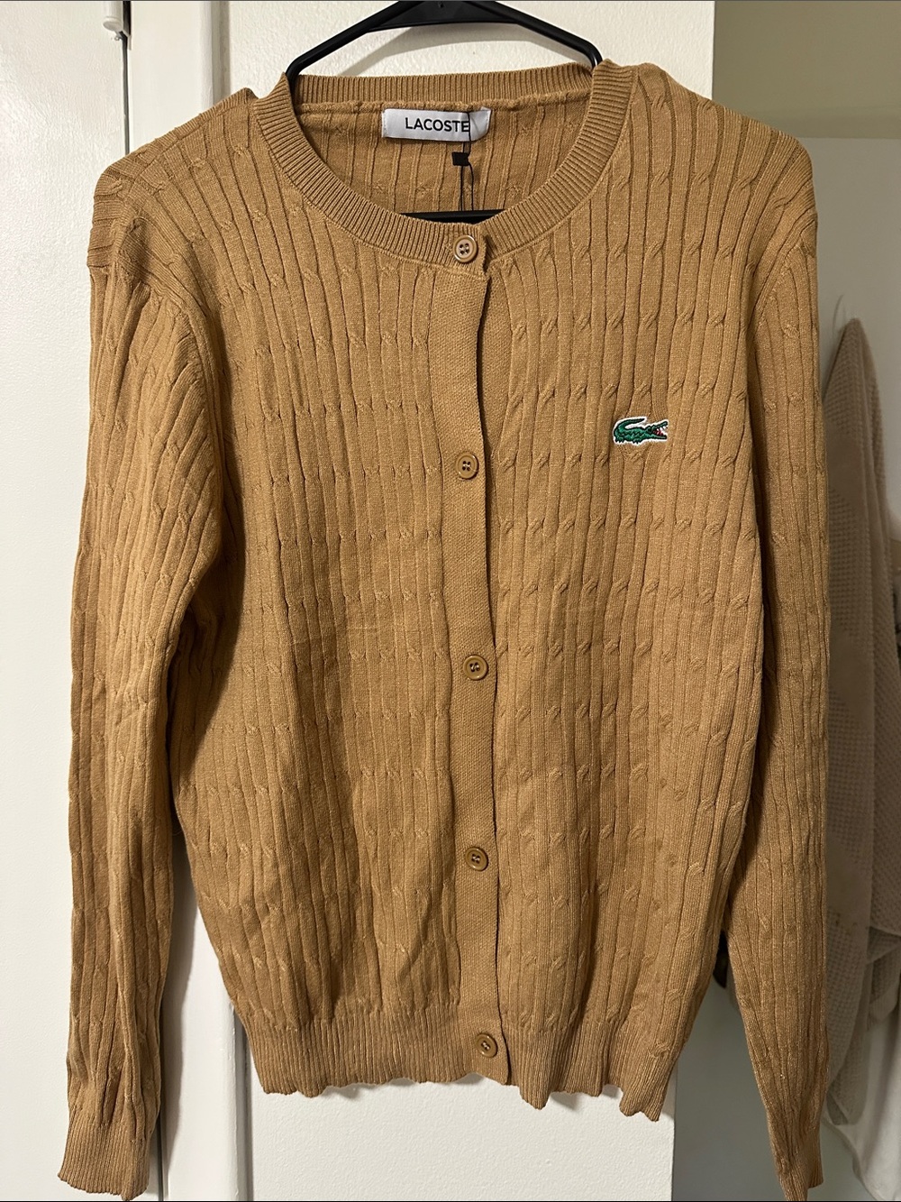 Camel Cable-Knit Crewneck Cardigan